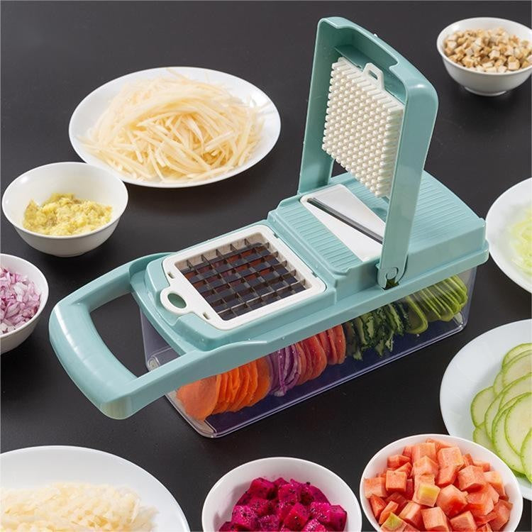 Feliator Multifunctional si Razatoare pentru Legume sau Fructe, 8 in 1, Lame Inox 420 si Recipient Colectare, ABS fara BPA, 10 Piese, 32.2x11.3 cm, Albastru/Alb