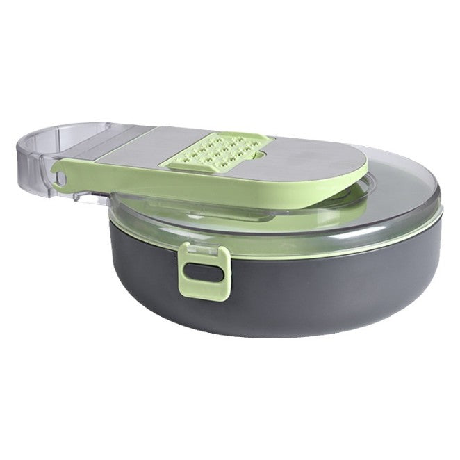 Feliator Multifunctional pentru Legume si Fructe, Razatoare 8 in 1 cu 12 Piese, Lame din Otel Inoxidabil 420 si Recipient Stocare, ABS Fara BPA, Protectie Mana, Gri/Verde, 29.5x9x21.8 cm