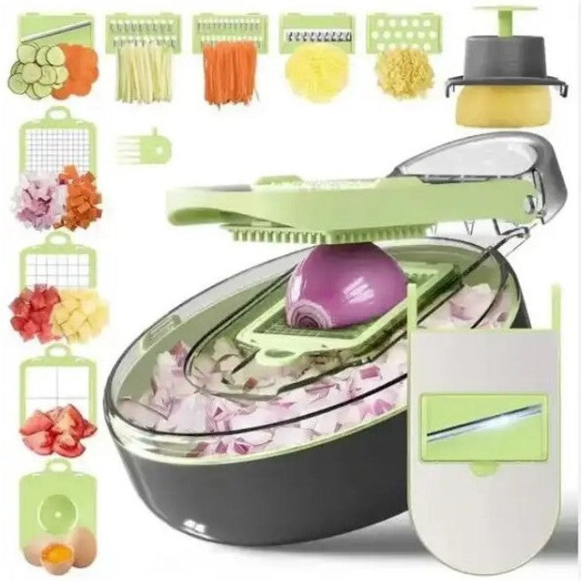 Feliator Multifunctional pentru Legume si Fructe, Razatoare 8 in 1 cu 12 Piese, Lame din Otel Inoxidabil 420 si Recipient Stocare, ABS Fara BPA, Protectie Mana, Gri/Verde, 29.5x9x21.8 cm
