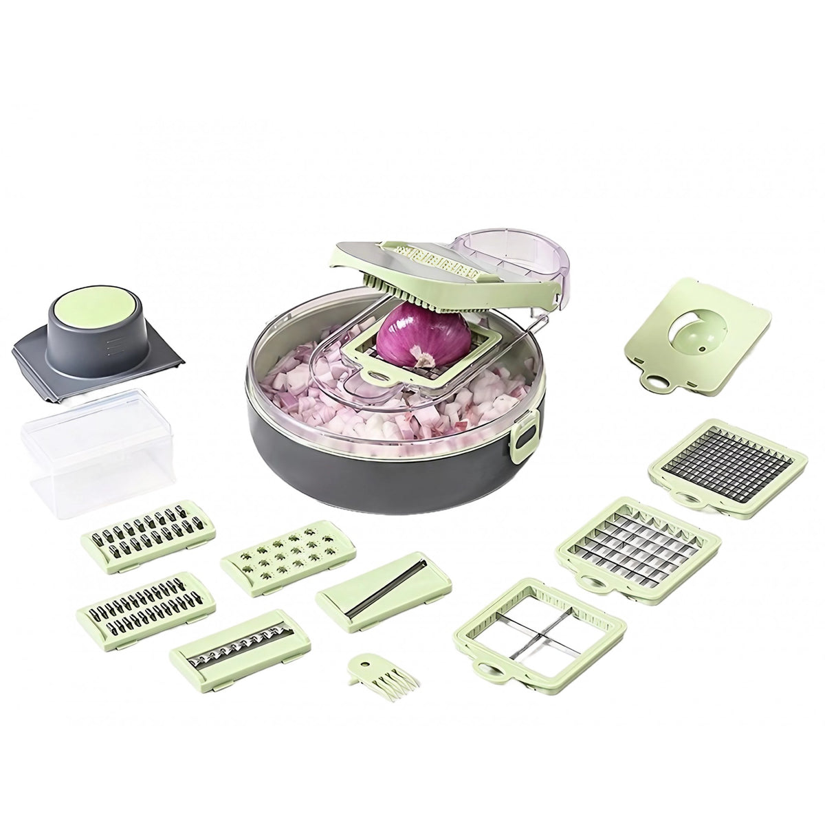 Feliator Multifunctional pentru Legume si Fructe, Razatoare 8 in 1 cu 12 Piese, Lame din Otel Inoxidabil 420 si Recipient Stocare, ABS Fara BPA, Protectie Mana, Gri/Verde, 29.5x9x21.8 cm