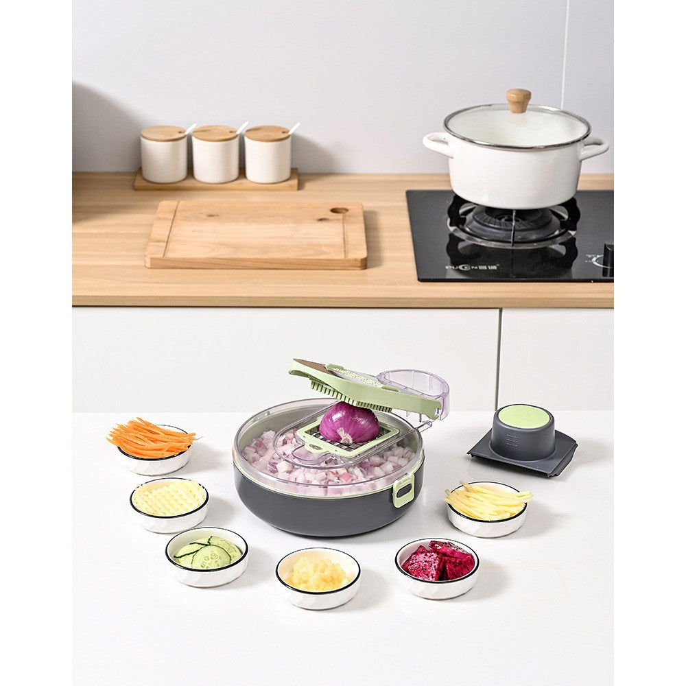 Feliator Multifunctional pentru Legume si Fructe, Razatoare 8 in 1 cu 12 Piese, Lame din Otel Inoxidabil 420 si Recipient Stocare, ABS Fara BPA, Protectie Mana, Gri/Verde, 29.5x9x21.8 cm
