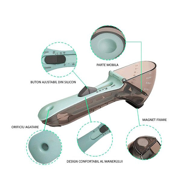 Set 2 Cupe de Masurat Reglabile pentru Bucatarie, Linguri Gradate pentru Ingrediente Lichide si Solide, Design Ergonomic, Plastic PP si Silicon, 5-130ml, Albastru