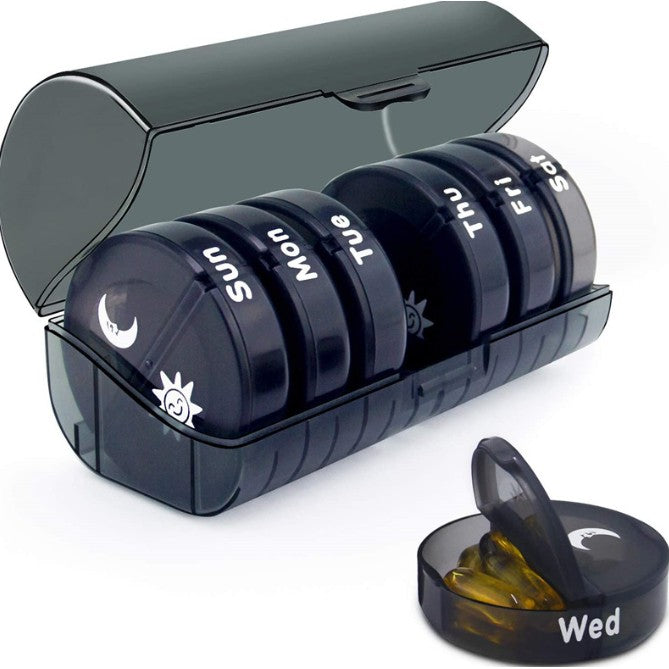 Organizator Medicamente 7 Zile, Cutie Depozitare Pastile cu 14 Compartimente AM/PM, Recipiente Zilnice Detasabile, Plastic fara BPA, Negru, 17.5x11x9.5 cm