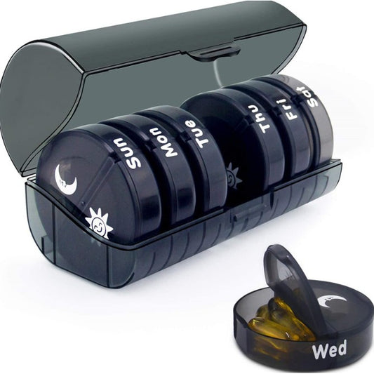 Organizator Medicamente 7 Zile, Cutie Depozitare Pastile cu 14 Compartimente AM/PM, Recipiente Zilnice Detasabile, Plastic fara BPA, Negru, 17.5x11x9.5 cm