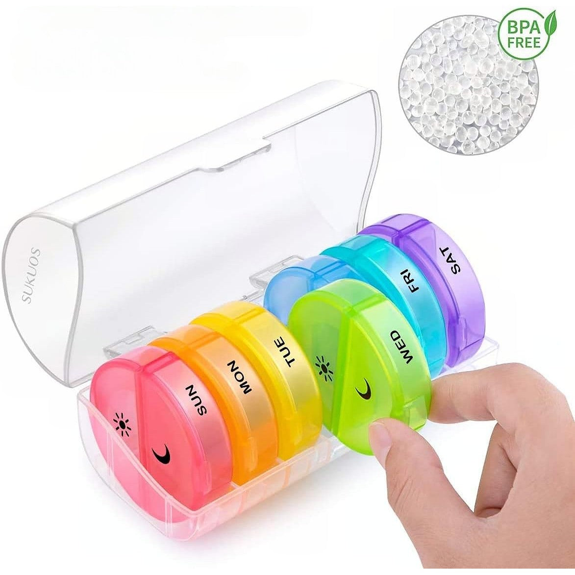 Organizator Medicamente Saptamanal, 7 Zile AM/PM, 14 Compartimente Mari Detasabile, Cutie Depozitare Pilule si Vitamine, Plastic Fara BPA, Portabil, Multicolor, 17.5x11x9.5 cm