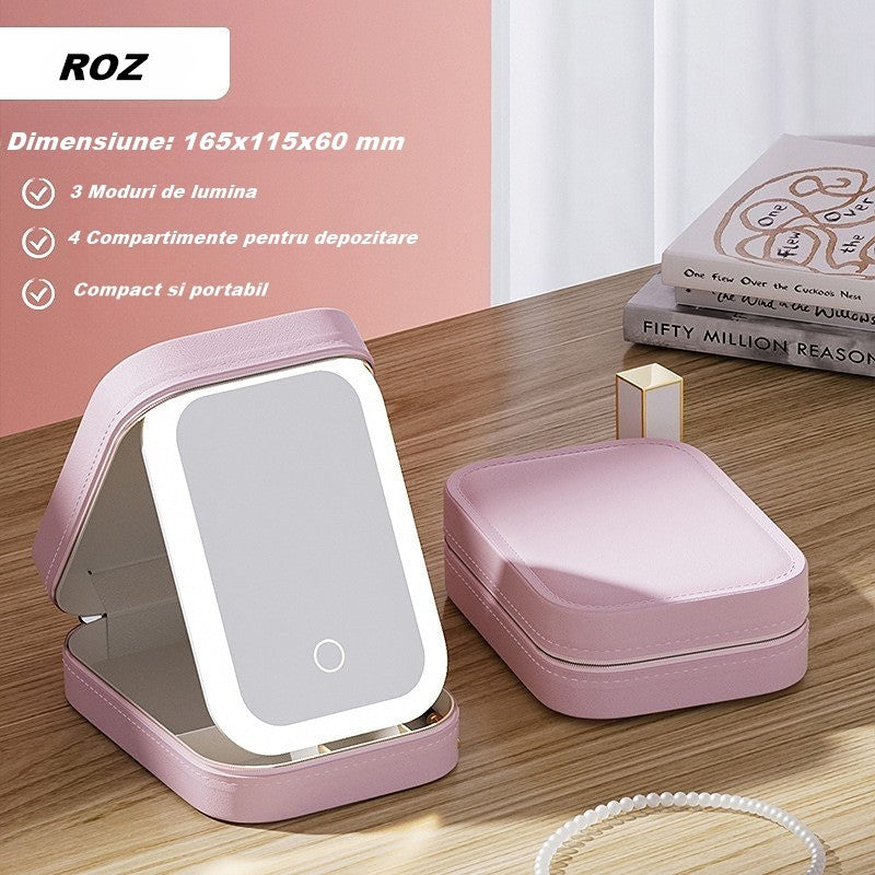 Geanta Cosmetice Cu Oglinda LED 4K, Portfard Machiaj Cu 3 Moduri De Lumina Si Organizator Reglabil, Incarcare USB, Baterie 1200 mAh, Imitatie Piele, Roz, 16.5x11.5x6 cm