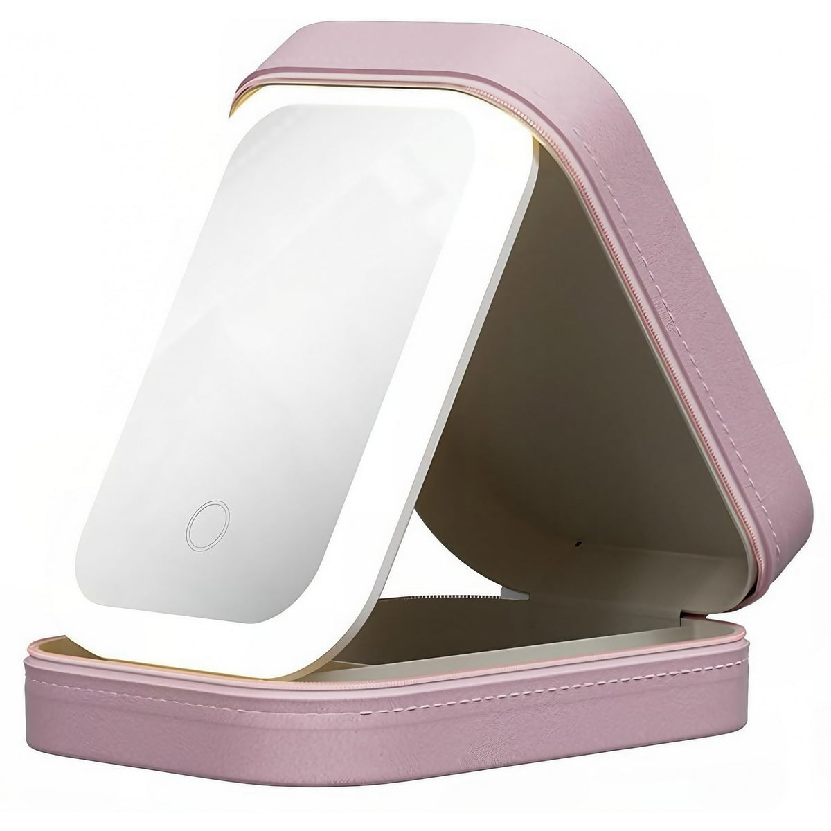 Geanta Cosmetice Cu Oglinda LED 4K, Portfard Machiaj Cu 3 Moduri De Lumina Si Organizator Reglabil, Incarcare USB, Baterie 1200 mAh, Imitatie Piele, Roz, 16.5x11.5x6 cm