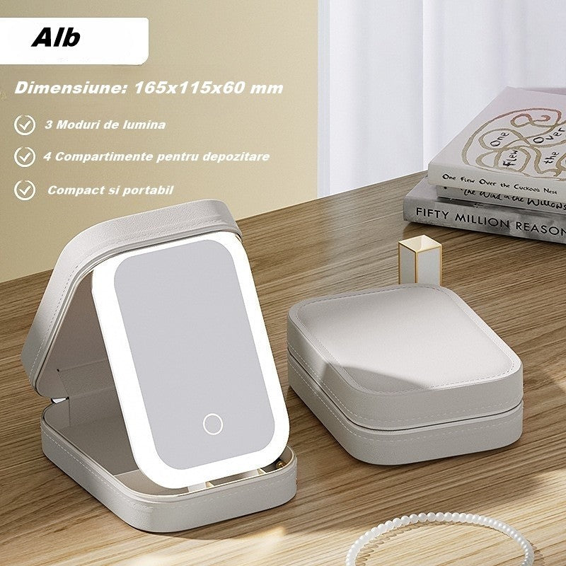 Geanta Cosmetice si Portfard cu Oglinda LED 4K, 3 Moduri Lumina Reglabila, Acumulator 1200 mAh, Incarcare USB, 4 Compartimente, Piele Ecologica, Alb, 16.5x11.5x6 cm