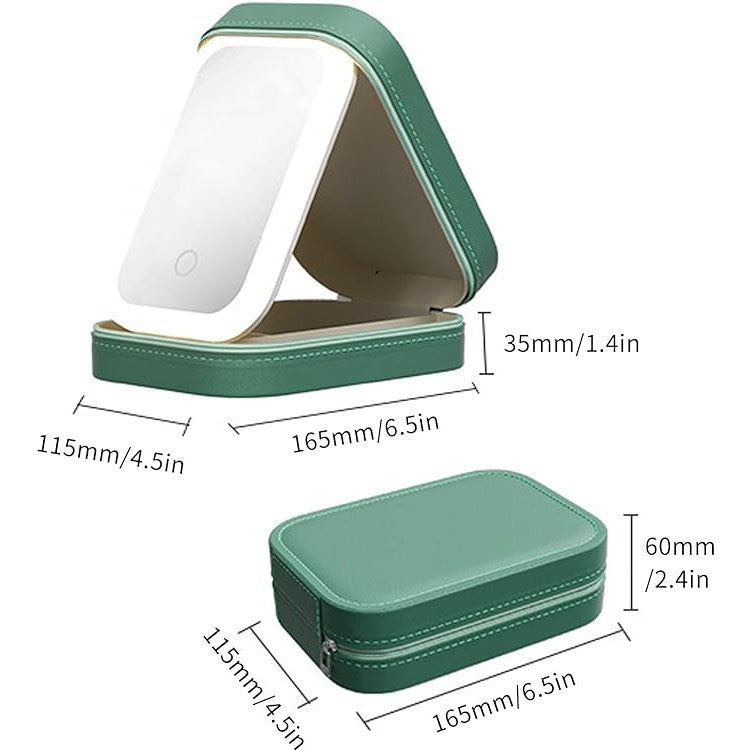 Portfard Geanta Cosmetice cu Oglinda LED 4K, 3 Moduri Lumina, Organizator Machiaj cu 4 Compartimente, Baterie 1200 mAh, Incarcare USB, Piele Ecologica, Verde, 16.5x11.5x6 cm