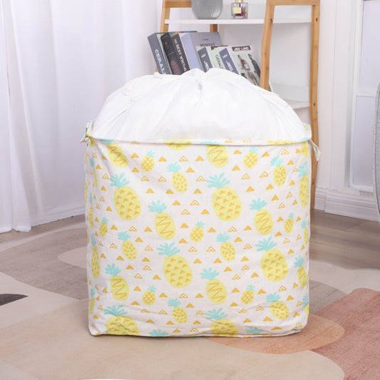 Cutie Depozitare Pliabila Pentru Haine Si Jucarii, Organizator Impermeabil Cu Snur Si Manere, Bumbac Si PE, 100 L, 50x50x40cm, Model Ananas, Galben
