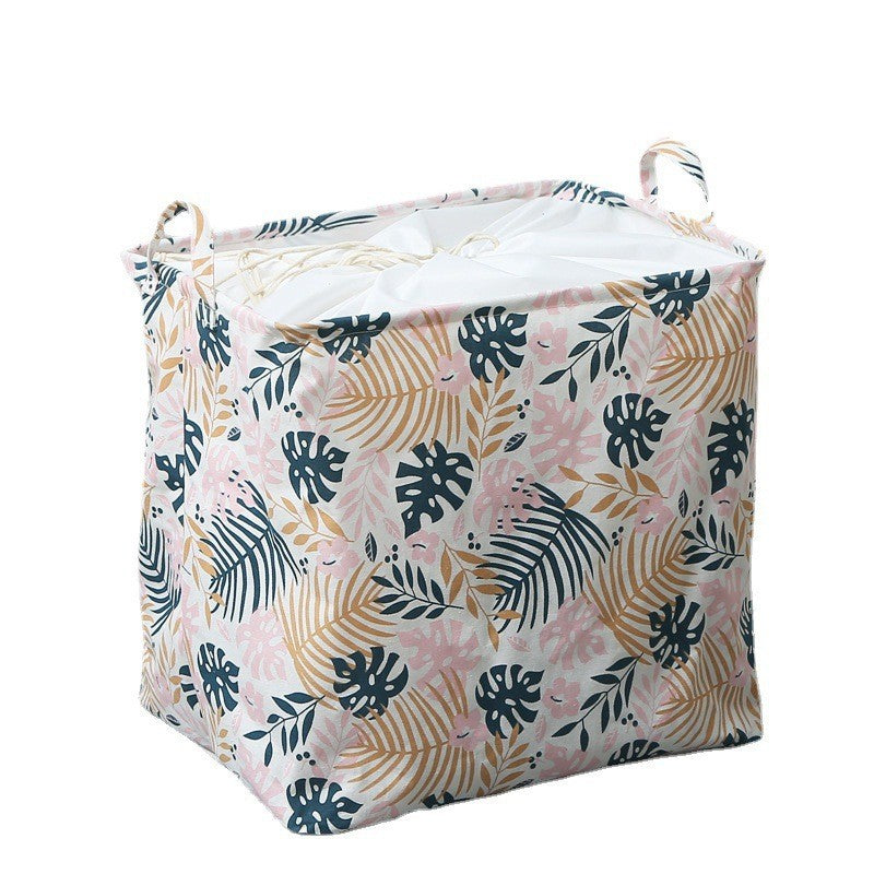 Clothbox Cos de Depozitare pentru Rufe si Jucarii, Model Pliabil cu Snur, Impermeabil, Bumbac Natural si PE, 80 x 50 x 50 cm, Model Frunze, Alb Multicolor