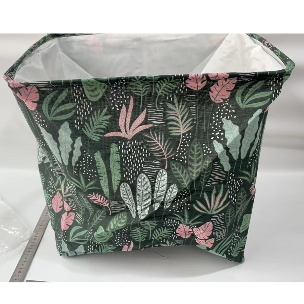 Cutie Depozitare Haine si Paturi, Pliabila si Impermeabila cu Snur, Organizator Textile cu Manere, Bumbac si PE, 100 L, 50x50x40 cm, Model Frunze, Verde