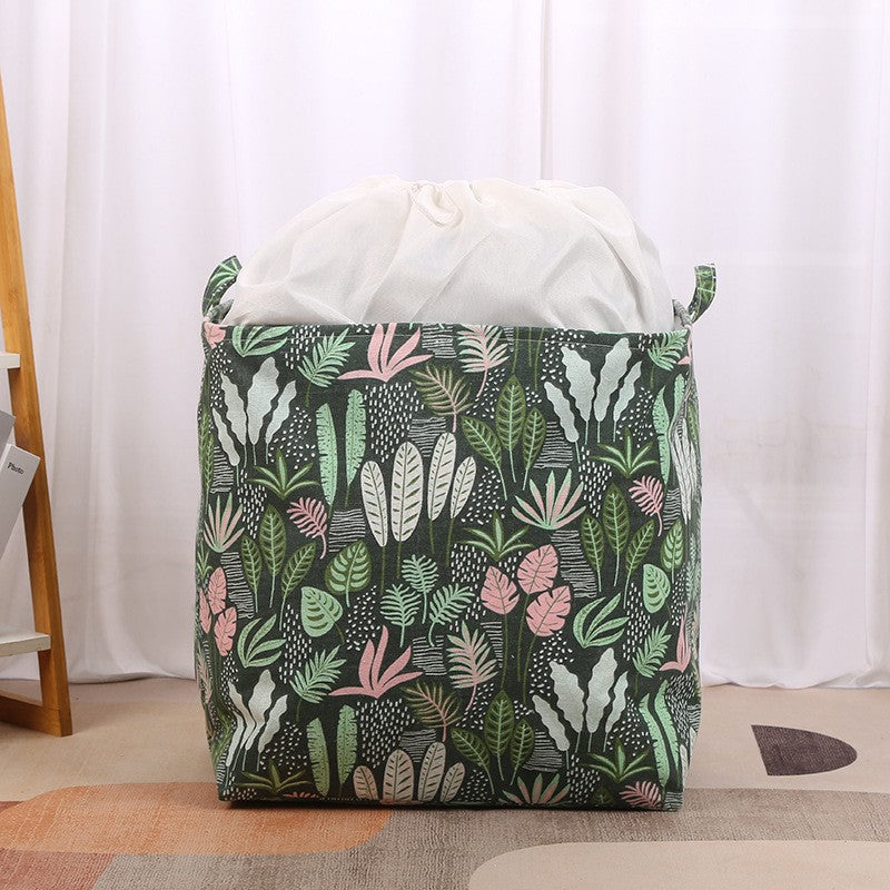Cutie Depozitare Haine si Paturi, Pliabila si Impermeabila cu Snur, Organizator Textile cu Manere, Bumbac si PE, 100 L, 50x50x40 cm, Model Frunze, Verde