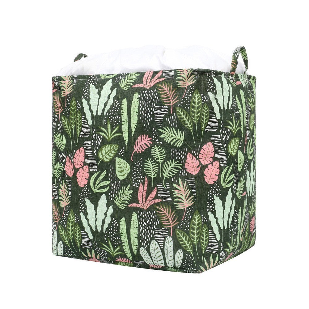 Cutie Depozitare Haine si Paturi, Pliabila si Impermeabila cu Snur, Organizator Textile cu Manere, Bumbac si PE, 100 L, 50x50x40 cm, Model Frunze, Verde