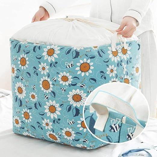 Cos Depozitare Haine si Jucarii, Capac cu Snur, Bumbac Impermeabil, 175 L, 50 x 50 x 70 cm, Albastru Deschis cu Imprimeu Flori