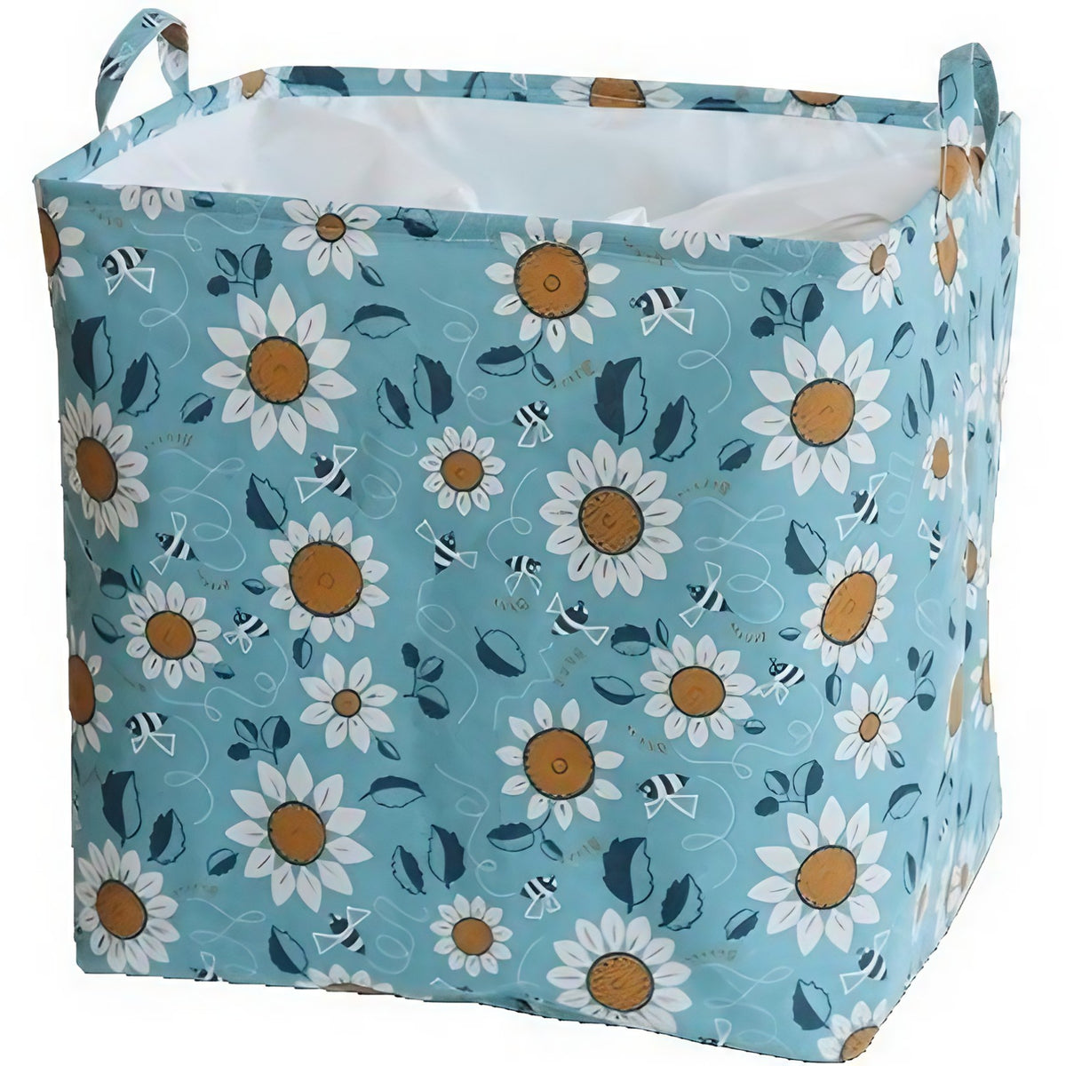 Cos Depozitare Haine si Jucarii, Capac cu Snur, Bumbac Impermeabil, 175 L, 50 x 50 x 70 cm, Albastru Deschis cu Imprimeu Flori