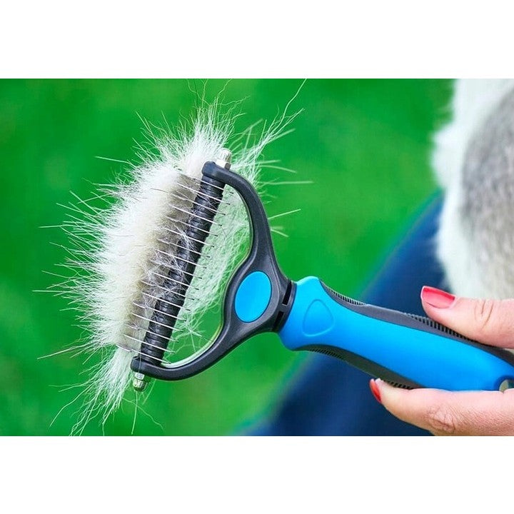 Perie pentru Părul de Animale cu Două Fețe, Dispozitiv pentru Descâlcire și Îndepărtarea Pufului, Lame din Oțel Inoxidabil, Mâner Ergonomic, Albastru