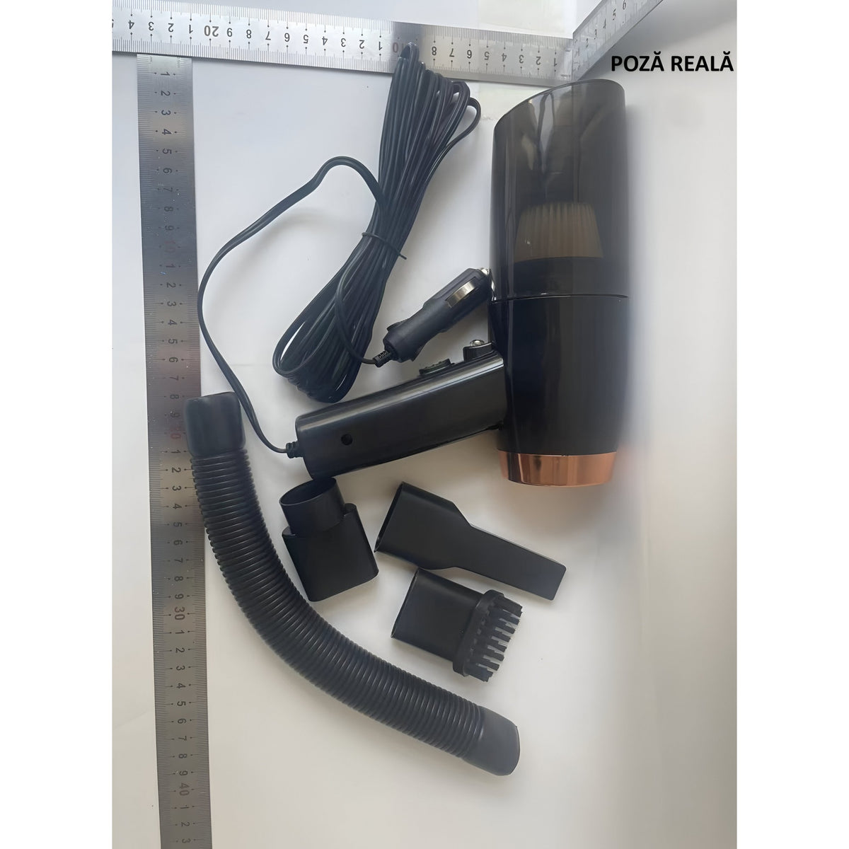 Aspirator Auto Portabil, Mini Aspirator de Mana pentru Casa si Masina, Design Ergonomic, Filtru Lavabil, Cablu Alimentare 12V, 4 Capete de Aspirare, 20x16x19 cm, Negru