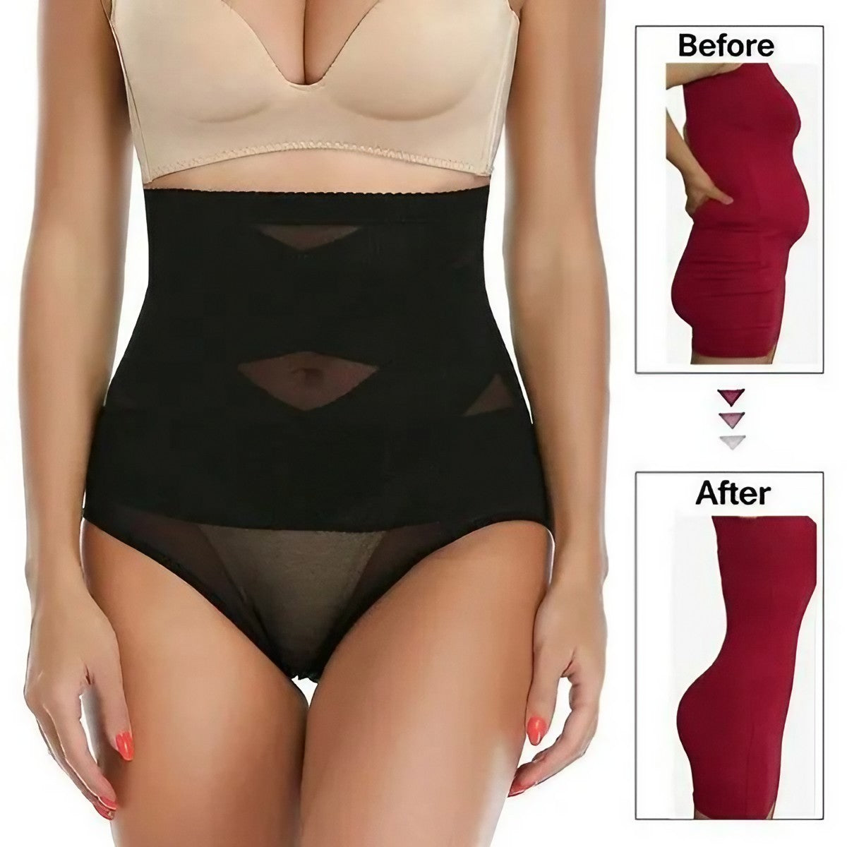 Lenjerie Modelatoare pentru Abdomen, Chilot cu Talie Inalta si Corset, Efect Push-Up si Sculptare 360 Grade, Nailon Elastic, Negru, Marimea L