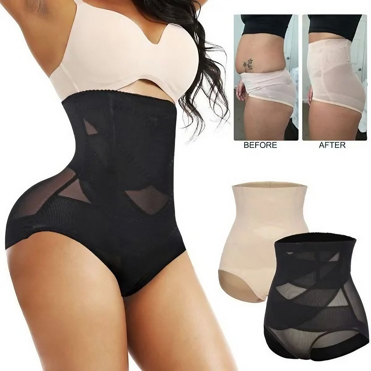 Lenjerie Modelatoare pentru Abdomen, Chilot cu Talie Inalta si Corset, Efect Push-Up si Sculptare 360 Grade, Nailon Elastic, Negru, Marimea L