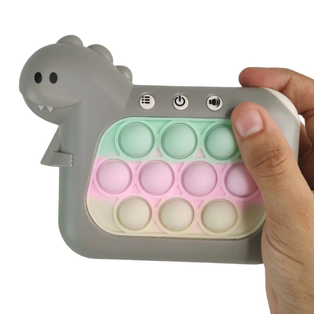 Jucarie Interactiva Pop It Whack A Mole, Consola Joc Memorie si Coordonare, Anti-Stres, 4 Moduri de Joc cu Lumini si Muzica, ABS si Silicon, Model Dinozaur, +3 Ani, Gri