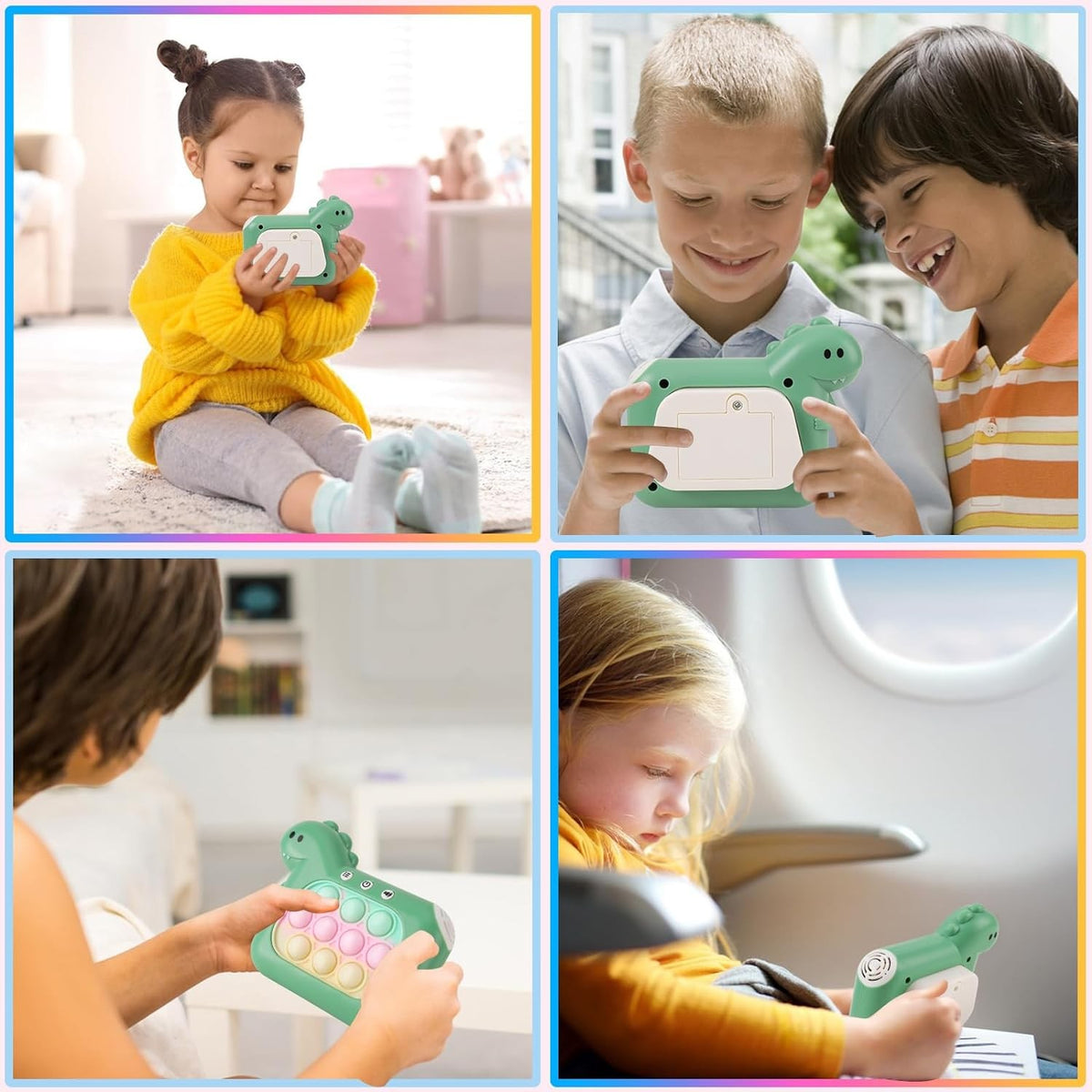 Jucarie Interactiva Pop It Whack A Mole, Consola Joc Quick Push Anti-Stres cu Lumini si Muzica, 4 Moduri de Joc, Dezvoltare Atentie, Material ABS si Silicon, Model Dinozaur, Verde, +3 Ani