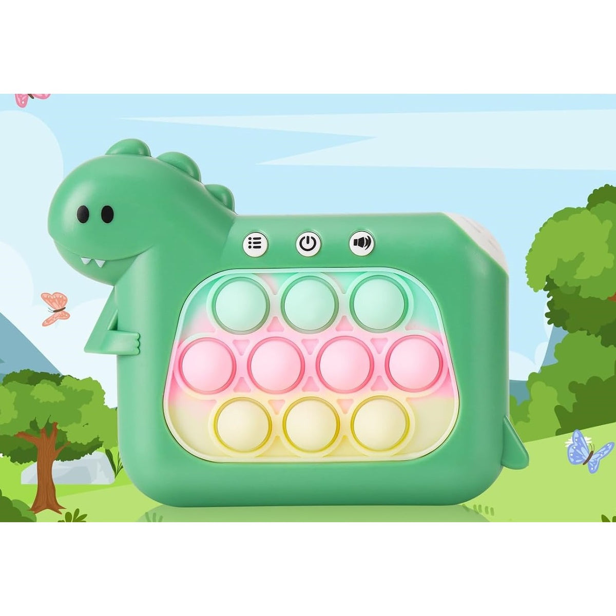 Jucarie Interactiva Pop It Whack A Mole, Consola Joc Quick Push Anti-Stres cu Lumini si Muzica, 4 Moduri de Joc, Dezvoltare Atentie, Material ABS si Silicon, Model Dinozaur, Verde, +3 Ani