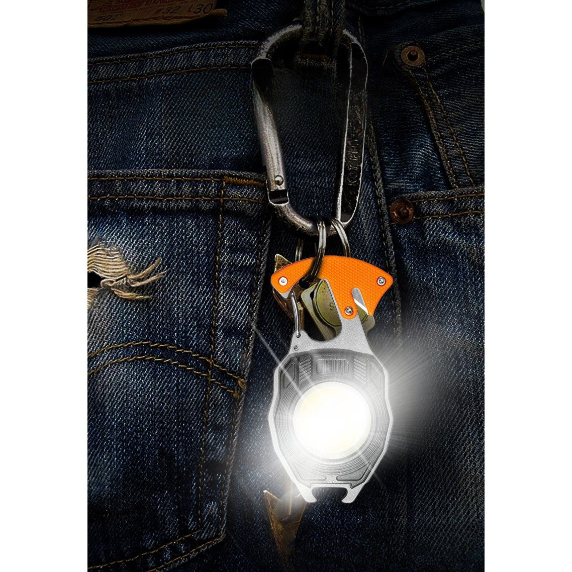 Breloc Multifunctional, Kit Supravietuire cu Lanterna LED COB 500 Lumeni, Bricheta, Fluier si Surubelnita, ABS si Aluminiu, Model W5147, Negru/Portocaliu
