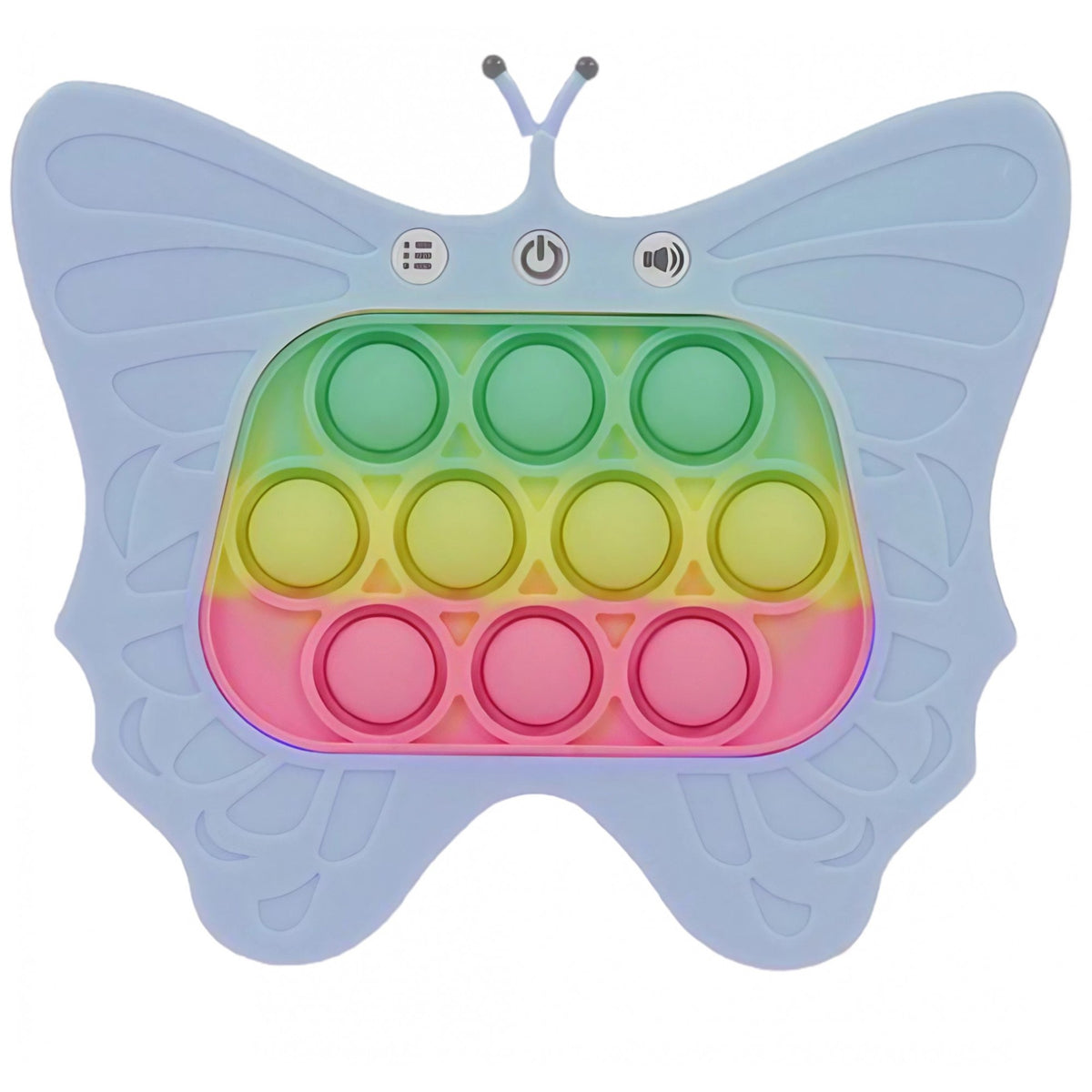 Jucarie Interactiva Tip Consola Pop-It pentru Copii, Joc Antistres cu 120 Nivele, Lumini si Sunete, Material ABS si Silicon, Model Fluture, 12 x 5.5 x 13.5 cm, Albastru Deschis