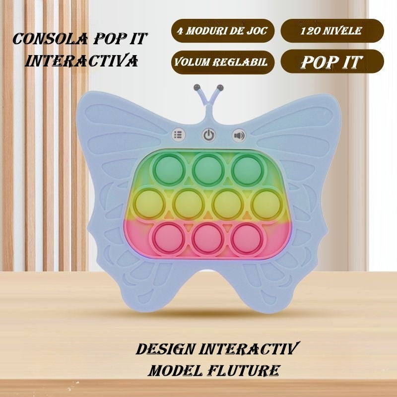 Jucarie Interactiva Tip Consola Pop-It pentru Copii, Joc Antistres cu 120 Nivele, Lumini si Sunete, Material ABS si Silicon, Model Fluture, 12 x 5.5 x 13.5 cm, Albastru Deschis