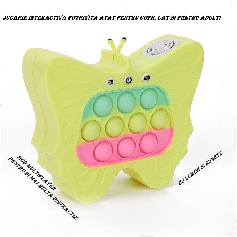 Jucarie Interactiva Pop It Tip Consola pentru Copii, Joc de Memorie si Coordonare cu 120 Nivele, Sunete si Lumini, Material ABS si Silicon, 12 x 5.5 x 13.5 cm, Model Fluture, Galben