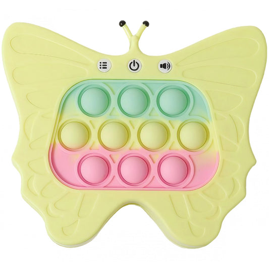 Jucarie Interactiva Pop It Tip Consola pentru Copii, Joc de Memorie si Coordonare cu 120 Nivele, Sunete si Lumini, Material ABS si Silicon, 12 x 5.5 x 13.5 cm, Model Fluture, Galben