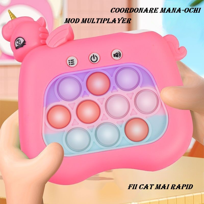 Jucarie Interactiva Tip Consola Pop-It pentru Copii, Joc de Memorie si Coordonare cu 120 Nivele, Efecte Sonore si Luminoase, Material ABS si Silicon, 13.5 x 12.5 cm, Model Unicorn, Fucsia