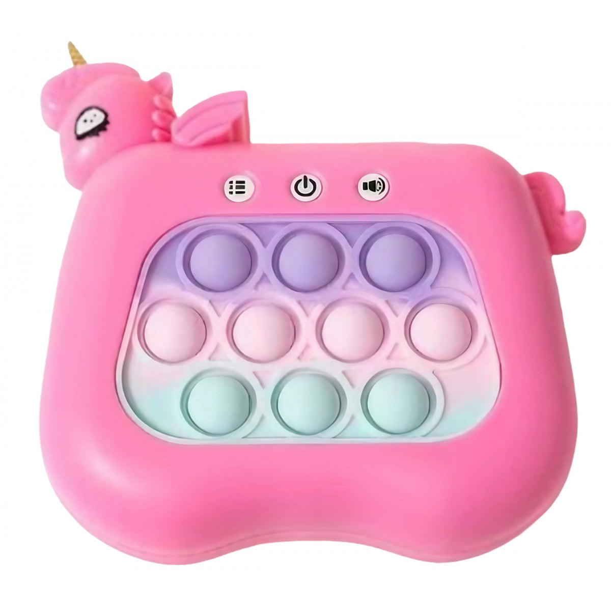 Jucarie Interactiva Tip Consola Pop-It pentru Copii, Joc de Memorie si Coordonare cu 120 Nivele, Efecte Sonore si Luminoase, Material ABS si Silicon, 13.5 x 12.5 cm, Model Unicorn, Fucsia