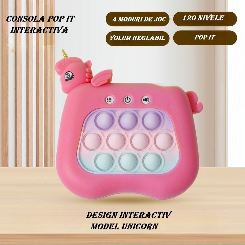 Jucarie Interactiva Tip Consola Pop-It pentru Copii, Joc de Memorie si Coordonare cu 120 Nivele, Efecte Sonore si Luminoase, Material ABS si Silicon, 13.5 x 12.5 cm, Model Unicorn, Fucsia