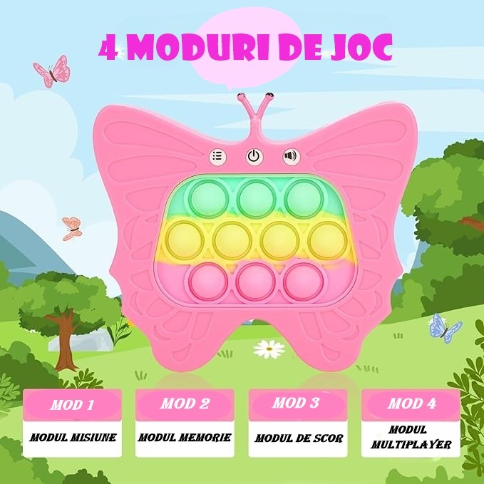 Jucarie Interactiva Pop It Tip Consola pentru Copii, Joc de Memorie si Antistres cu 120 Nivele, Sunete si Lumini, Material ABS si Silicon, 12 x 5.5 x 13.5 cm, Model Fluture, Fucsia