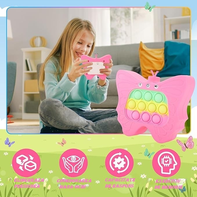 Jucarie Interactiva Pop It Tip Consola pentru Copii, Joc de Memorie si Antistres cu 120 Nivele, Sunete si Lumini, Material ABS si Silicon, 12 x 5.5 x 13.5 cm, Model Fluture, Fucsia