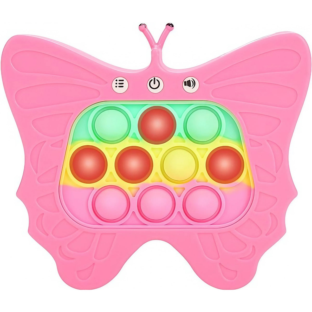 Jucarie Interactiva Pop It Tip Consola pentru Copii, Joc de Memorie si Antistres cu 120 Nivele, Sunete si Lumini, Material ABS si Silicon, 12 x 5.5 x 13.5 cm, Model Fluture, Fucsia