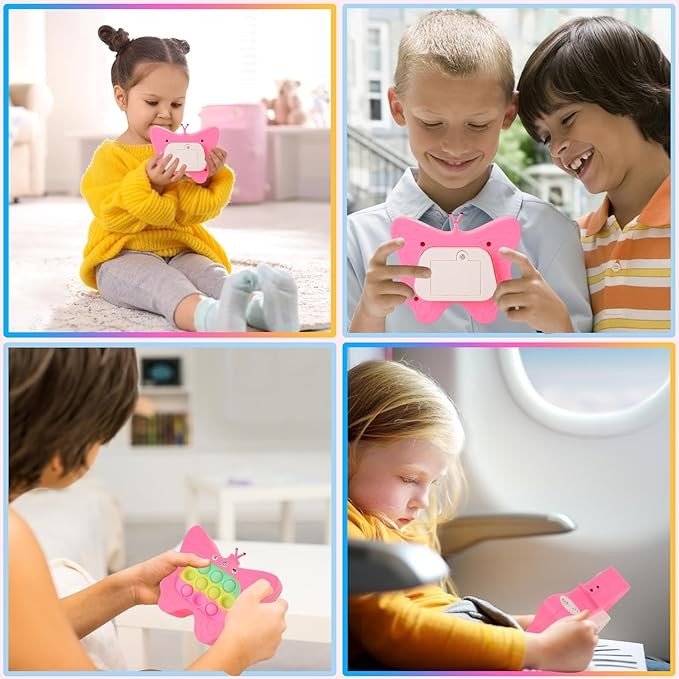 Jucarie Interactiva Pop It Tip Consola pentru Copii, Joc de Memorie si Antistres cu 120 Nivele, Sunete si Lumini, Material ABS si Silicon, 12 x 5.5 x 13.5 cm, Model Fluture, Fucsia