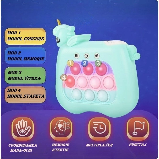 Jucarie Interactiva Tip Consola Pop It Antistres, 12 Nivele cu Sunete si Lumini, Joc de Memorie si Coordonare, Material ABS si Silicon, 13.5 x 5.5 x 12.5 cm, Model Unicorn, Albastru