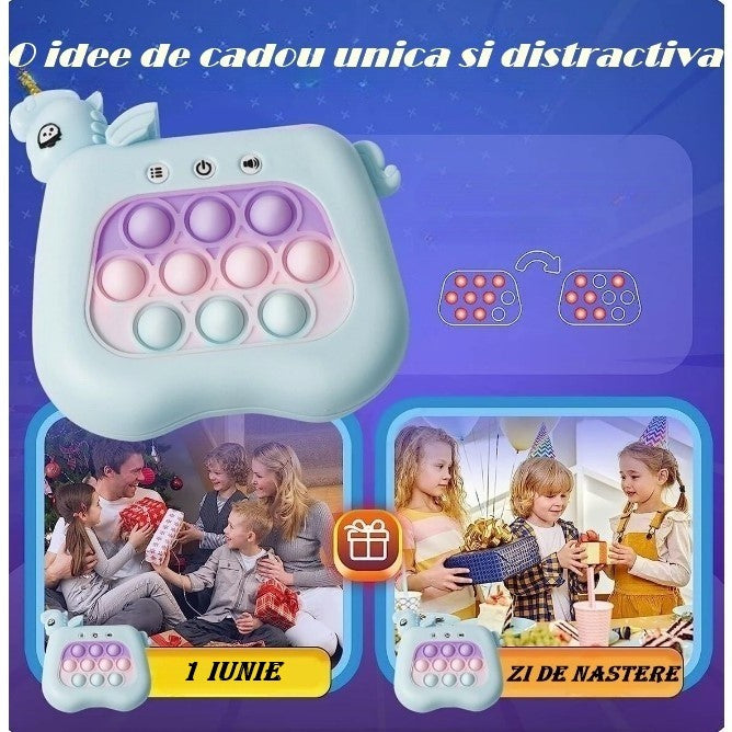 Jucarie Interactiva Tip Consola Pop It Antistres, 12 Nivele cu Sunete si Lumini, Joc de Memorie si Coordonare, Material ABS si Silicon, 13.5 x 5.5 x 12.5 cm, Model Unicorn, Albastru