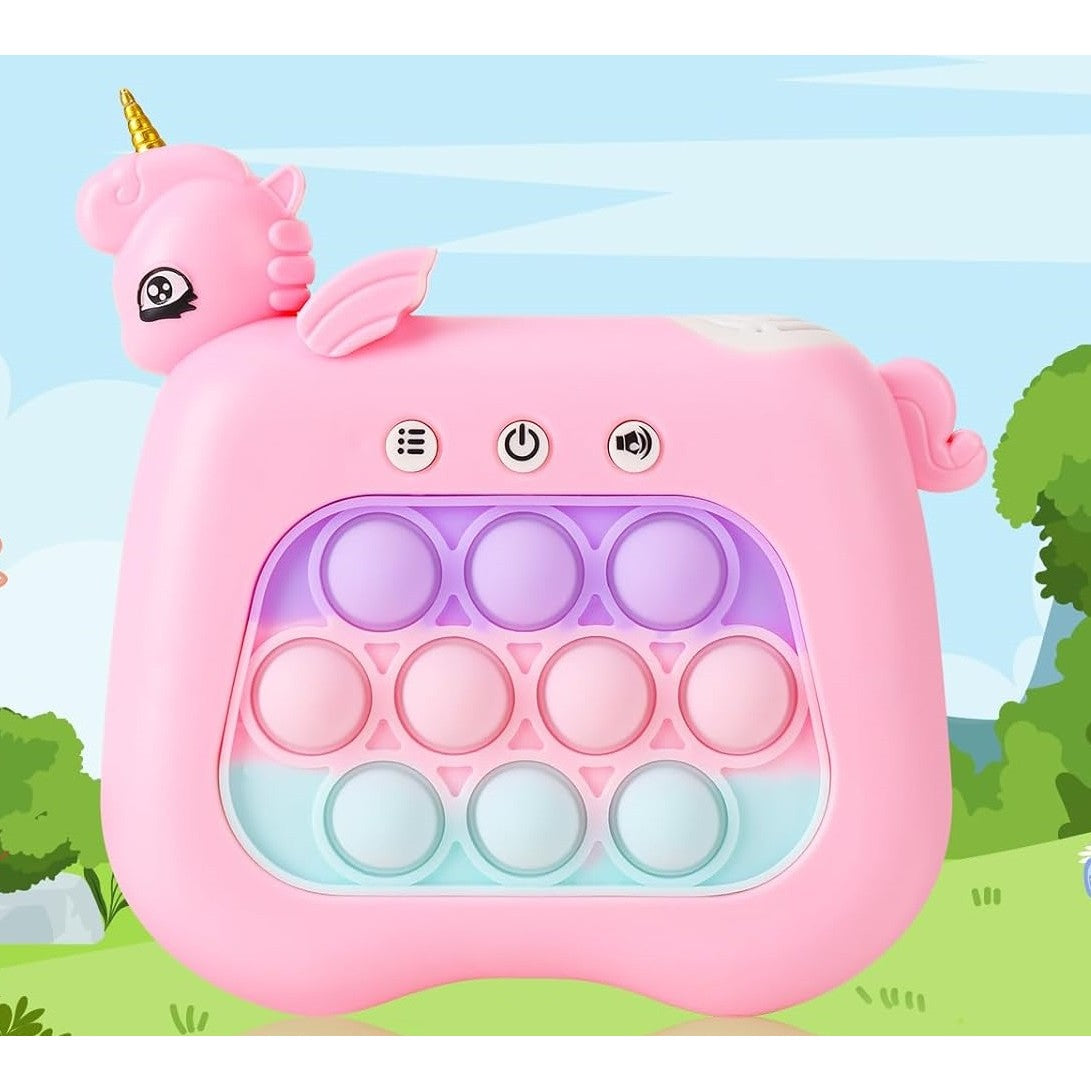 Jucarie Interactiva Pop It Whack A Mole, Consola Joc Memorie si Antistres, 4 Moduri de Joc cu Lumini si Muzica, ABS si Silicon, Model Unicorn, Roz, +3 Ani