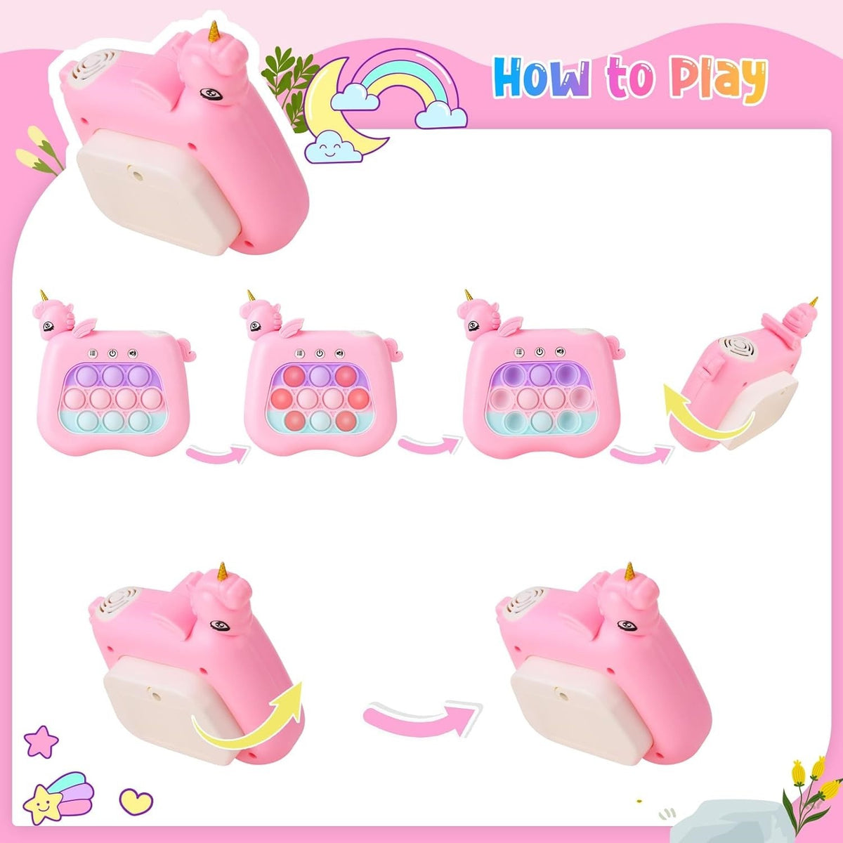 Jucarie Interactiva Pop It Whack A Mole, Consola Joc Memorie si Antistres, 4 Moduri de Joc cu Lumini si Muzica, ABS si Silicon, Model Unicorn, Roz, +3 Ani