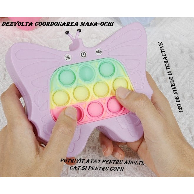 Jucarie Interactiva Tip Consola Pop-It pentru Copii, 120 Nivele de Joc, Functie Antistres cu Sunete si Lumini, Material ABS si Silicon, Model Fluture, 12 x 5.5 x 13.5 cm, Mov