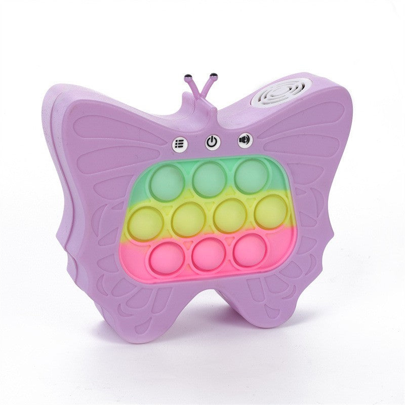 Jucarie Interactiva Tip Consola Pop-It pentru Copii, 120 Nivele de Joc, Functie Antistres cu Sunete si Lumini, Material ABS si Silicon, Model Fluture, 12 x 5.5 x 13.5 cm, Mov