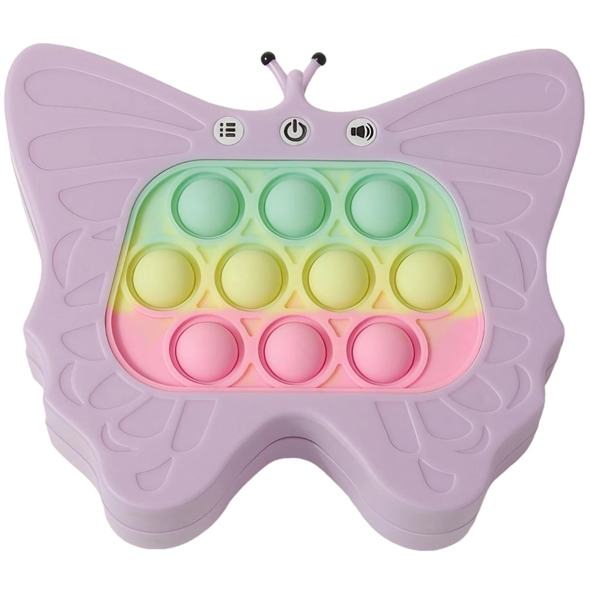 Jucarie Interactiva Tip Consola Pop-It pentru Copii, 120 Nivele de Joc, Functie Antistres cu Sunete si Lumini, Material ABS si Silicon, Model Fluture, 12 x 5.5 x 13.5 cm, Mov