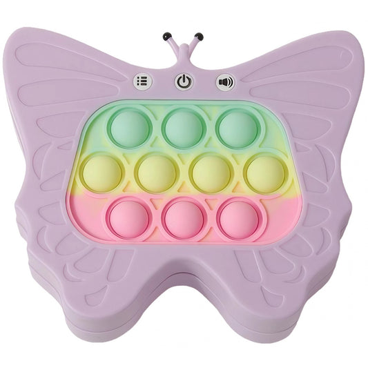 Jucarie Interactiva Tip Consola Pop-It pentru Copii, 120 Nivele de Joc, Functie Antistres cu Sunete si Lumini, Material ABS si Silicon, Model Fluture, 12 x 5.5 x 13.5 cm, Mov