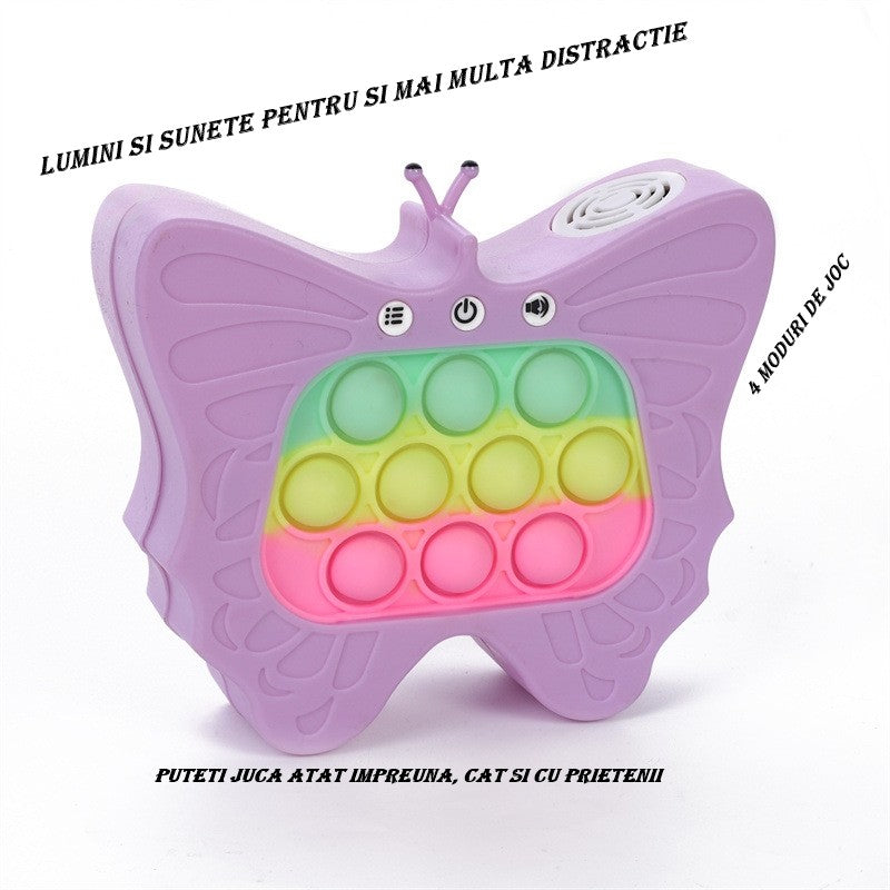 Jucarie Interactiva Tip Consola Pop-It pentru Copii, 120 Nivele de Joc, Functie Antistres cu Sunete si Lumini, Material ABS si Silicon, Model Fluture, 12 x 5.5 x 13.5 cm, Mov