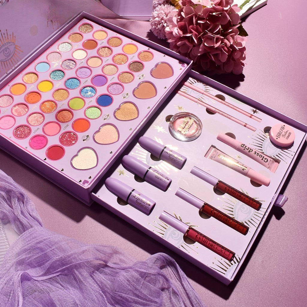 Set Machiaj Profesional Kevin & Coco Moonlight, Trusa Completa cu 50 Culori, Farduri de Pleoape Mate si Sidefate, Rujuri, Iluminator, Blush, 13 Produse, 29 x 23 cm