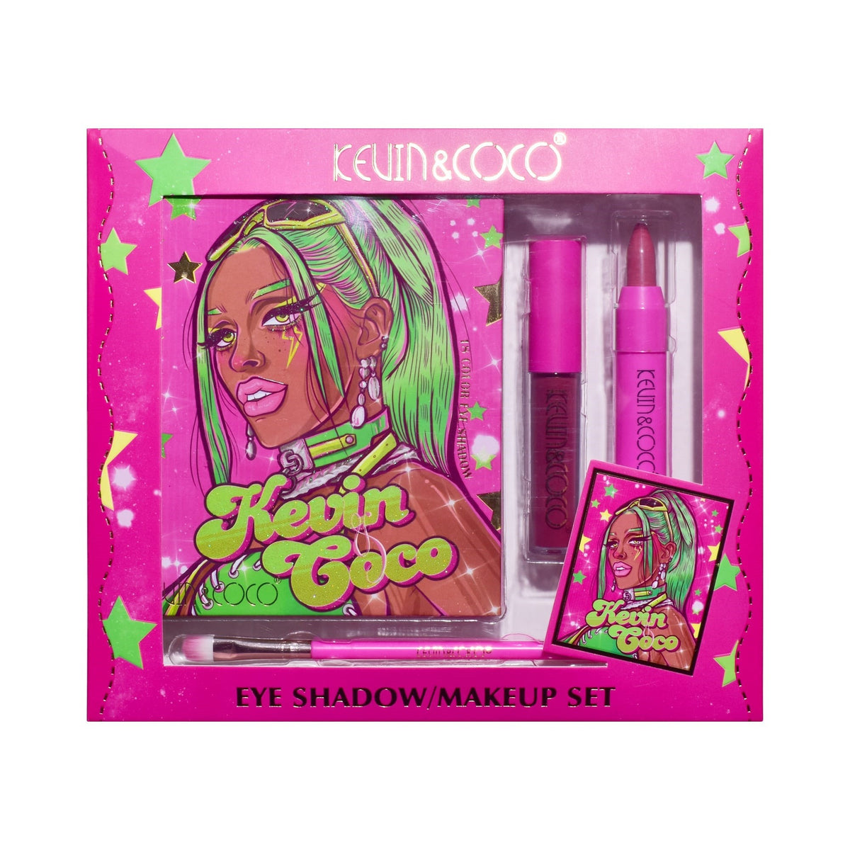 Kevin & Coco Set Machiaj Green Cool Girl, Trusa Completa cu 12 Farduri de Ochi, 4 Iluminatoare, Contur, Rujuri si Pensula, 18 Culori, Multicolor, 210 g